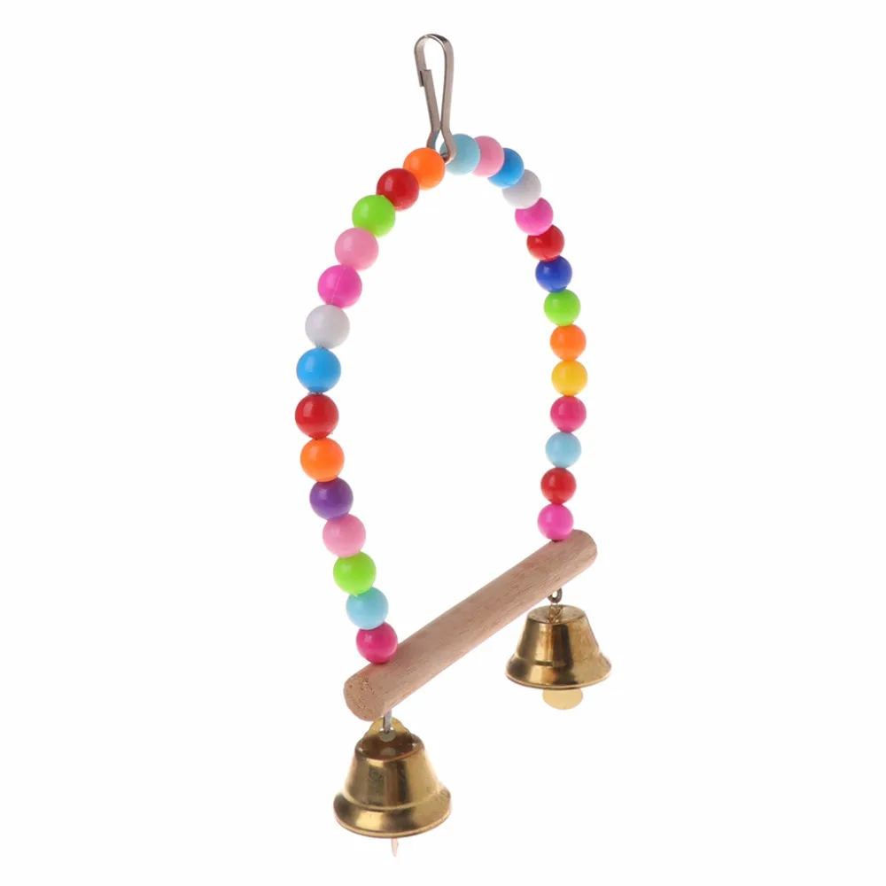 Natural Wooden Parrots Swing Toy Birds Perch Hanging Swings Cage With Colorful Beads Bells Toys Bird Supplies C42