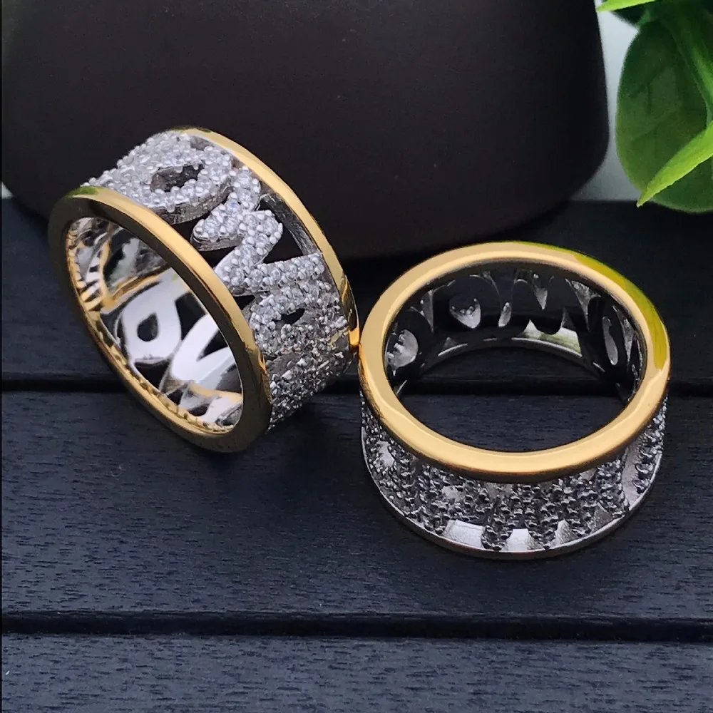 

925 Sterling Silver Round Gold Initial Letter Ring Hollow AP MONACO Rings for Women Fashion Cubic Zircon Brand Monaco Jewelry