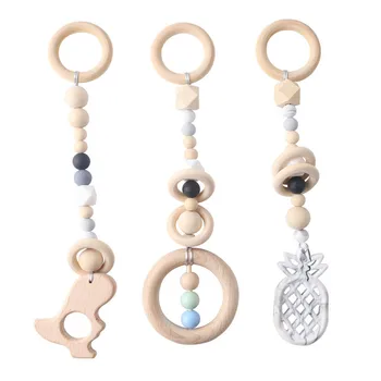 

3Pcs/Set Baby Crib Mobile Rattles Silicone Beads Beech Wooden Ring Pineapple Teether Handmade Infant Bed Hanging Baby Toys