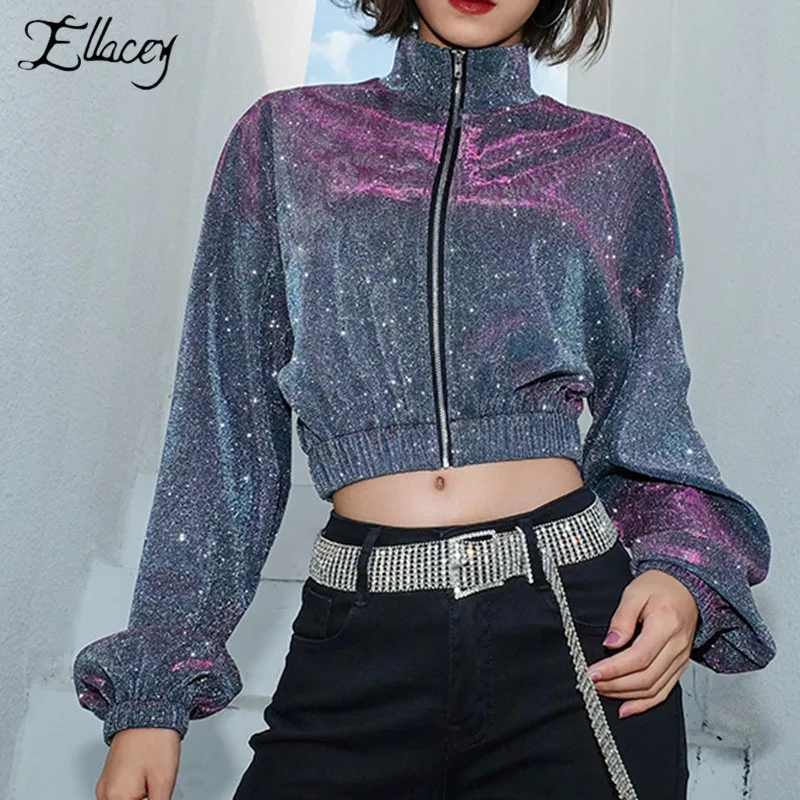 

New 2019 Spring Ins Online Celebrity Jacket Women's Bright Lurex Shiny Cardigan Streetwear Street Dance Bling Fashion Jacket