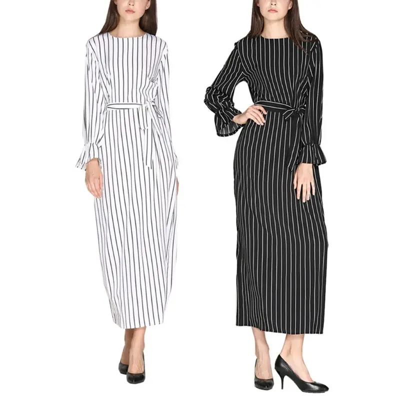 

Women Lady Islamic Muslim Flare Sleeve Maxi Long Dress Vertical Stripes O-Neck Belted High Waist Casual Pullover Slim Tunic Gown