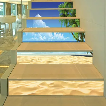 

6Pcs/Set Sea Sand Beach Summer Scene Sky Cloud Stairs Sticker 3D Stair Stickers Waterproof Removable Self-adhesive Wall Floor