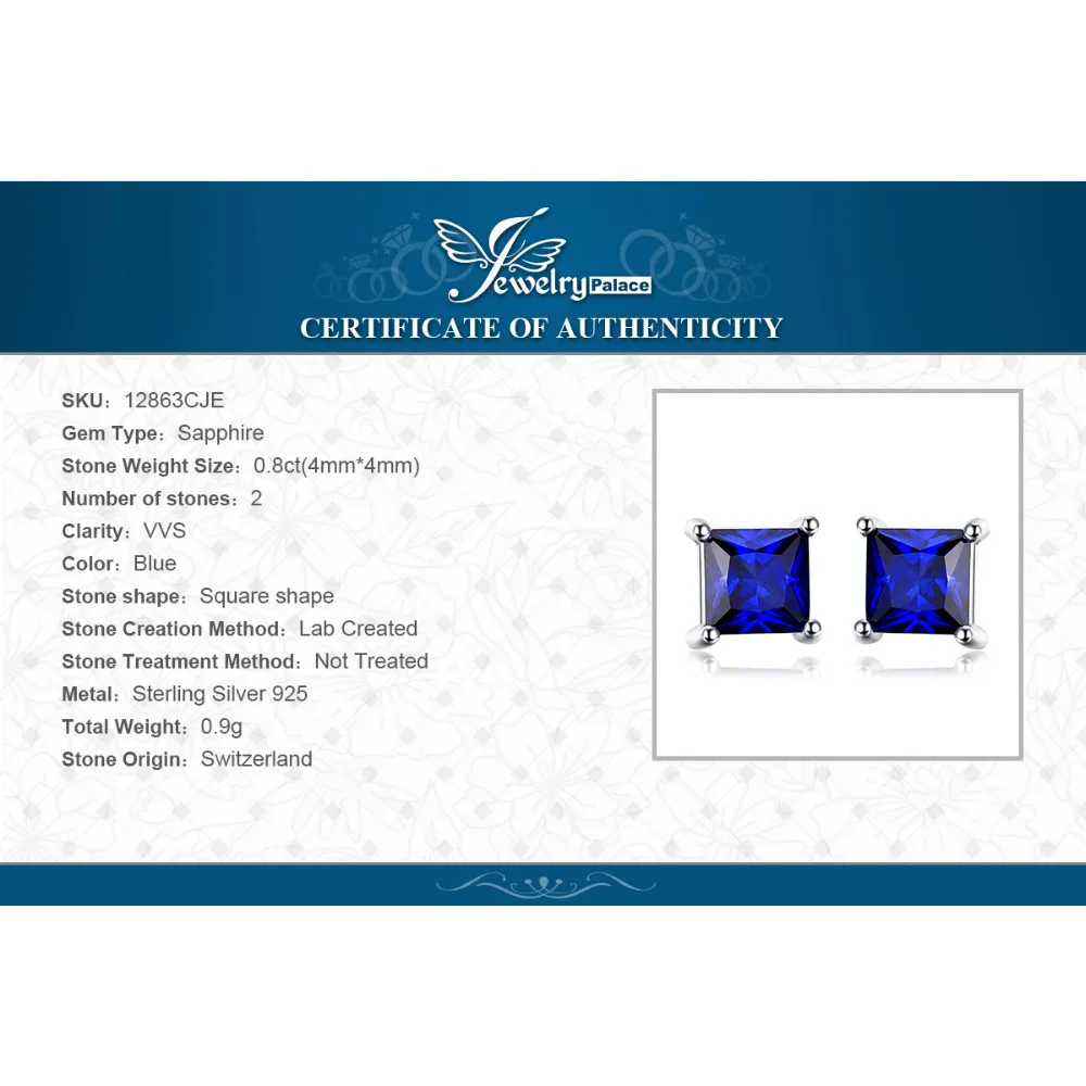 Jewelrypalace квадратный 0.8ct создан синий сапфир серебро 925 Серьги гвоздики для Для