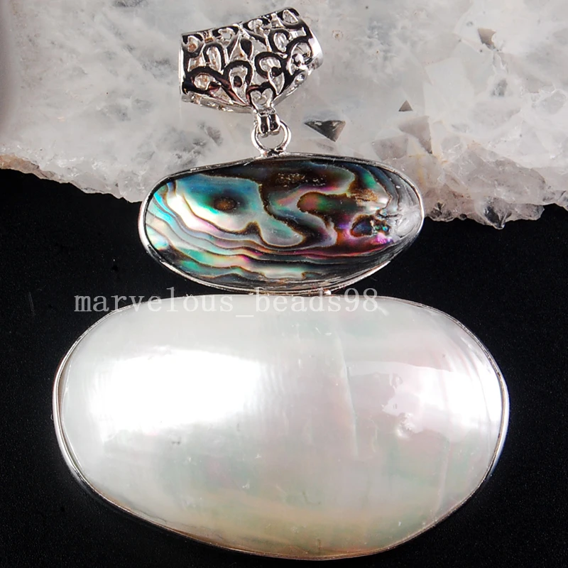 

Free Shipping Beautiful jewelry 51x63x15mm White Mother of pearl & Ablone Shell Art Egg Pendant Bead PC3770