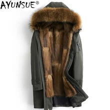 AYUNSUE парка натуральный мех Для мужчин с норковую шубу зимняя куртка Для мужчин с капюшоном Енот меховой воротник длинное пальто парки манто Homme Hiver KJ1406