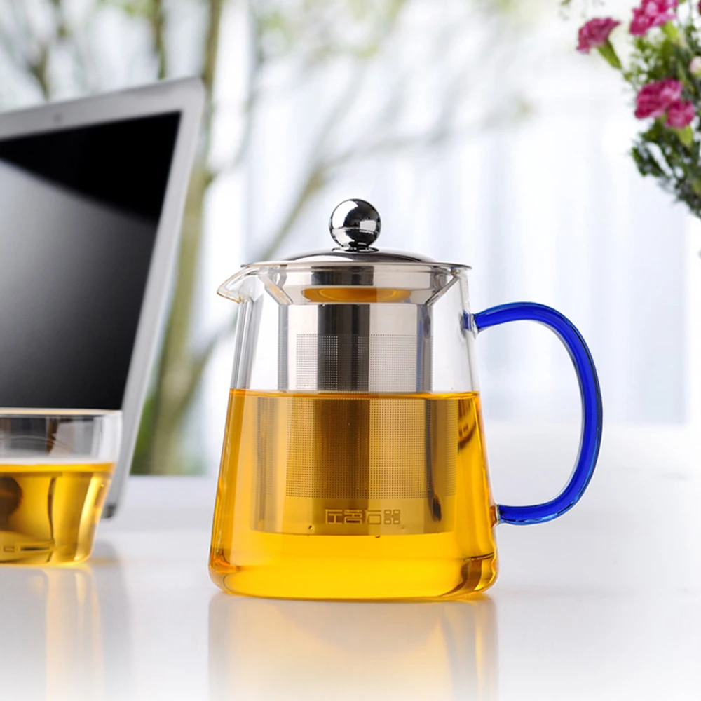 Hot Selling Blue Handle 480ml Heat Resistant Teapot Water Kettle Glass