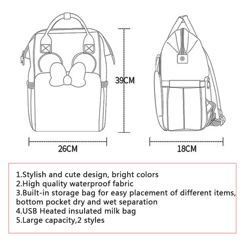 Пеленки мешок Микки детские Сумки для подгузников рюкзак Мокрый Сухой порознь большой Ёмкость пеленки мешок с USB с подогревом изменение