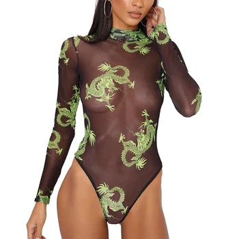 

Womens Round Neck Long Sleeve Printed Perspective Mesh Gauze Slim Chinese Style Jumpsuit XRQ88