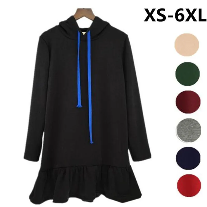 

New Arrival 2019 Fashion Autumn Womens Long Sleeve Hooded Warm Flounce Hoodies Sweatshirt dress 10 Colors Plus Size XS-5XL 6XL
