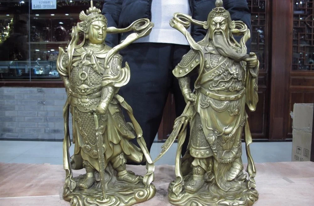 

China Folk Famous Brass Copper Guan Gong WeiTuo Whitfield Warrior God Set Pair