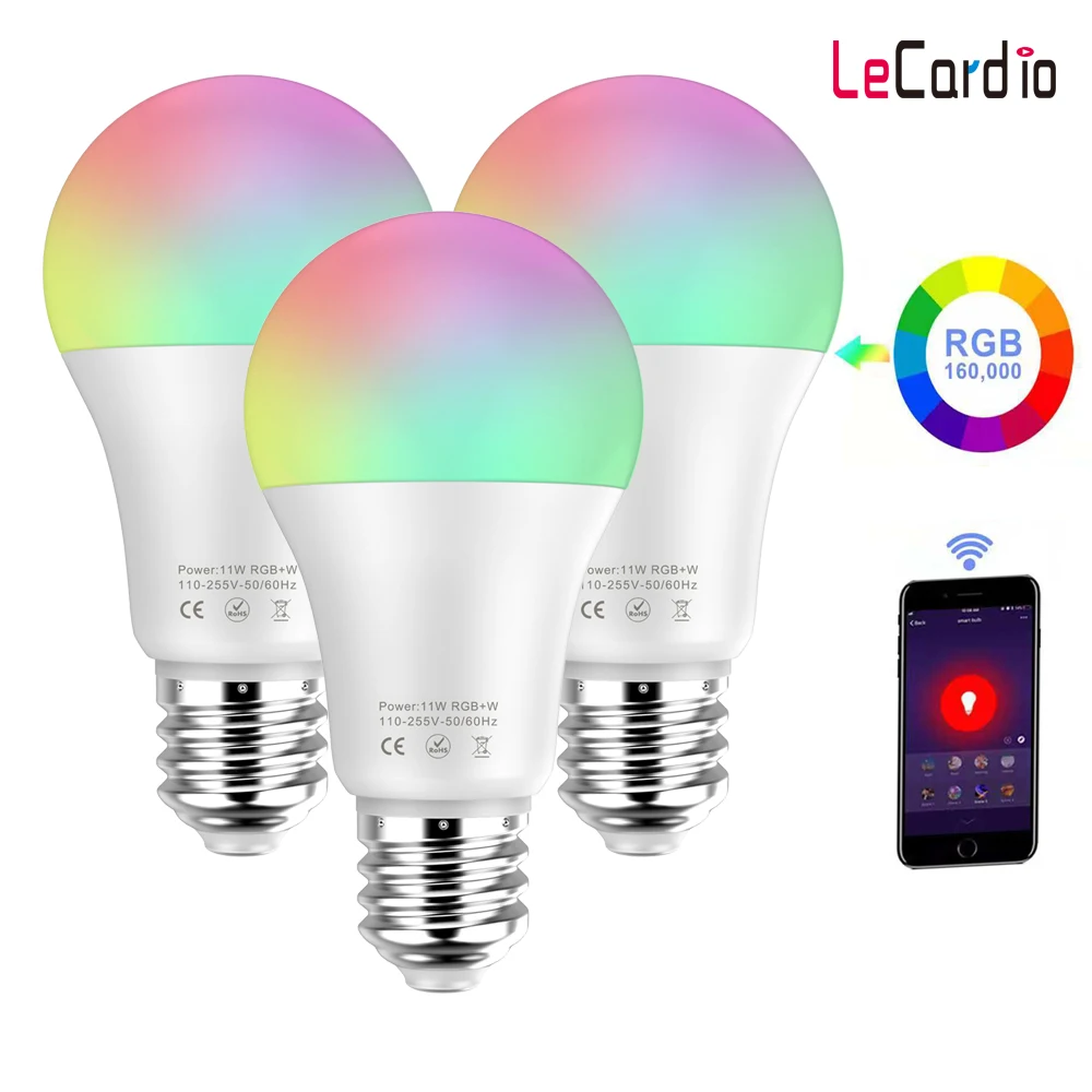 

3PCS 11W Smart LED Bulb Wifi RGB White Timing Function Dimmable LED Lamp 110V Compatible with Amazon Alexa/Google Home Assistant