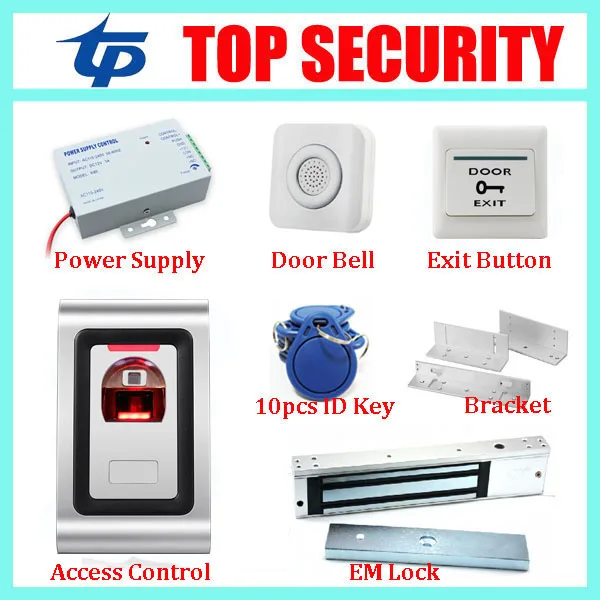 

Metal standalone Fingerprint Access Control, without software+power supply+magnetic lock+bracket+exit button+bell+10pcs RFID key