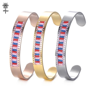 

10pcs/lot New Trendy Women Jewelry Stainless Steel Woven Seed Bead Cuff Open Bangle Delica Bead Patterns High Polished M-004*10