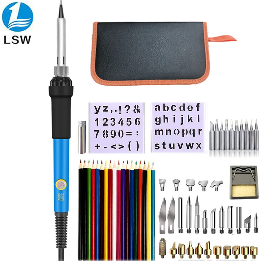 60W Soldering Iron Wood Burning Kit Adjustable Carving Pyrography Tool Soldering Welding Tip Kit Wood Embossing Burning Set