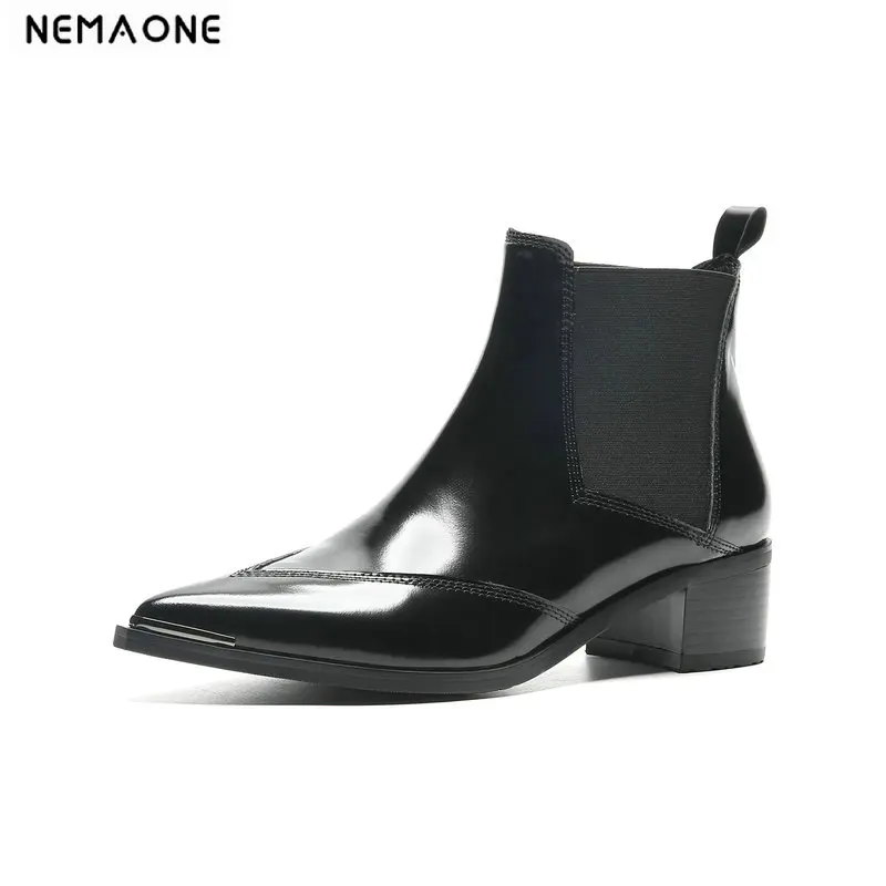 

NEMAONE Genuine leather women ankle boots med Heels poined toe Woman motorcycle Boots ladies dress casual Shoes