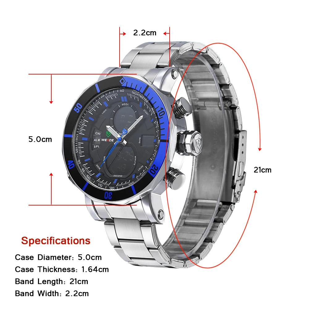 WEIDE men watch quartz contracted watch stainless steel date sport in digital watches led round Big dial luxury  fashion casual