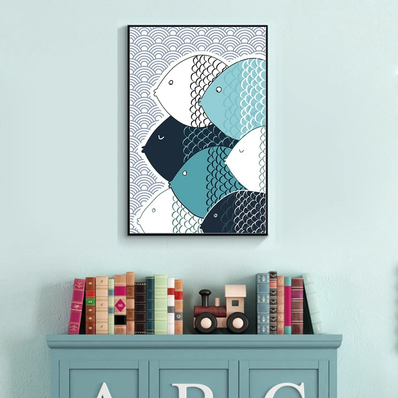 

Nordic Abstract Funny Fish Canvas Painting Wall Art Blue and Green Poster Prints Pictures for Kids Bedroom Home Decor
