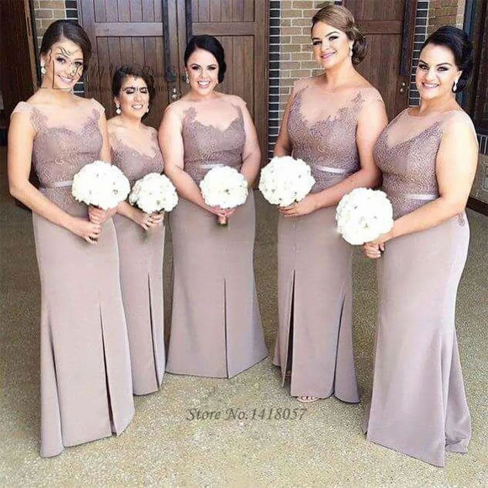 Plus Size Brown Bridesmaid Dresses Long Sheath Lace Wedding Guest Dress