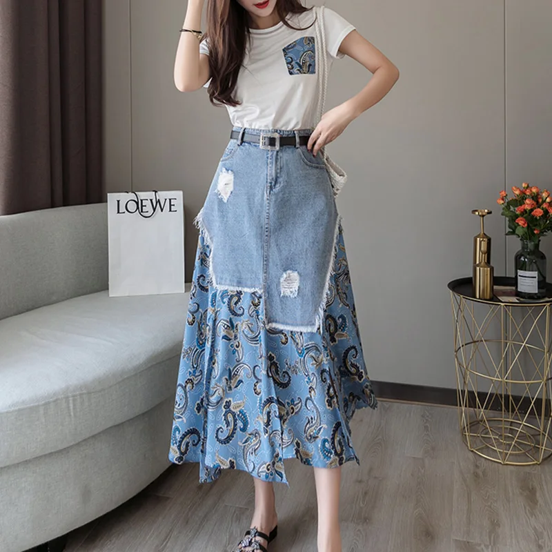 Trytree Summer Women two piece set Casual O-Neck Tops+ Skirt Demin Patchwork Print Hem Belt Pocket Suit Office Lady 2 Piece Set - Цвет: Blue Set