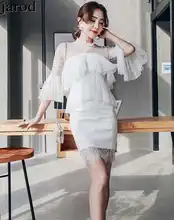 2018 mujeres del invierno del otoño nuevo llegado elegante vestidos bodycon sexy vaina partido de malla de encaje runway mini vestido ocasional blanco