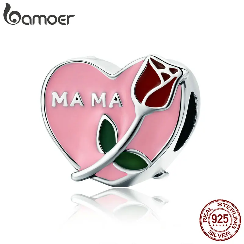 BAMOER Authentic 925 Sterling Silver Mama Mother in Heart Rose Flower Beads fit Charm Bracelet Necklace Jewelry Gift Mom SCC652 BAMOER Authentic 925 Sterling Silver Mama Mother in Heart Rose Flower Beads fit Charm Bracelet Necklace Jewelry Gift Mom SCC652