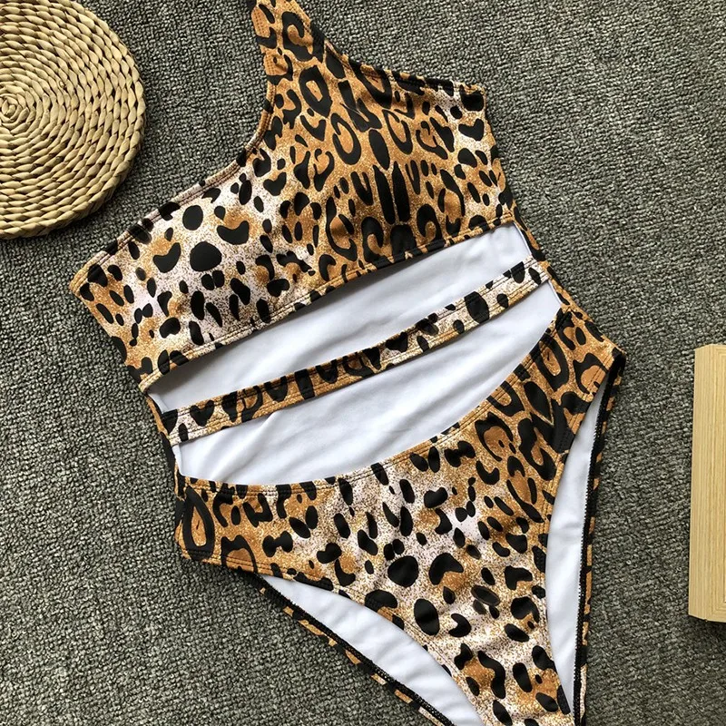 One Piece Leopard Swimwear Sexy Swimsuit Women Bikinis One Piece Bikini One Shoulder 2019 Swimwear High Cut For Women Bikini