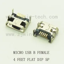 10 pçs/lote micro conector usb b tipo fêmea jack 5pin longo ping 4 pés dip boca plana l = 6.0