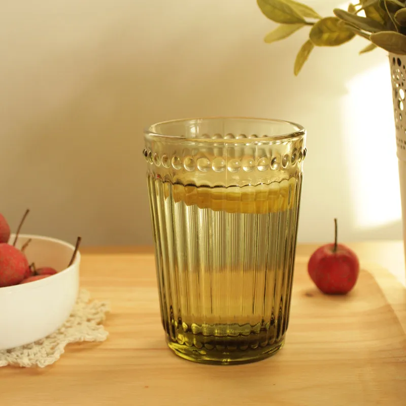 Vintage classic vertical stripe glass cup green embossed tea cup