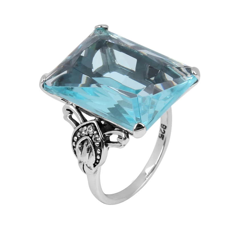 Szjinao Gold Silver Jewelry Manufacturer Direct Wholesale One Carving Master Square Blue Crystal Women 925 Sterling Silver Ring