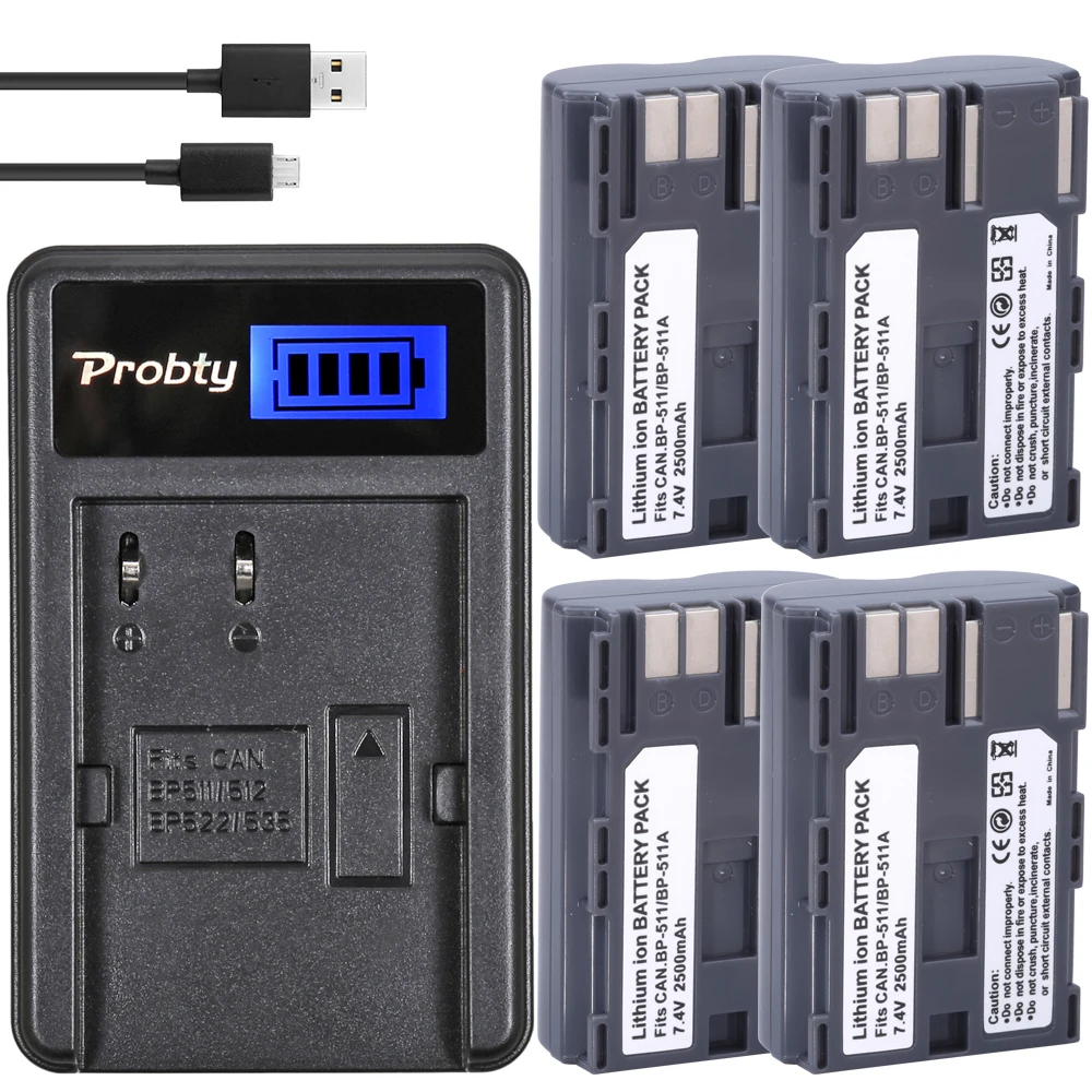 

4Pcs BP-511 BP511A Battery + LCD Charger For Canon EOS 10D 20D 20Da 30D 40D 50D 300D D30 D60 PowerShot G1 G3 G3X G5 G G2 Camera