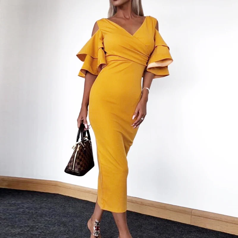

Women Summer Dress Sexy & Club V-Neck Solid Butterfly Sleeve Dresses