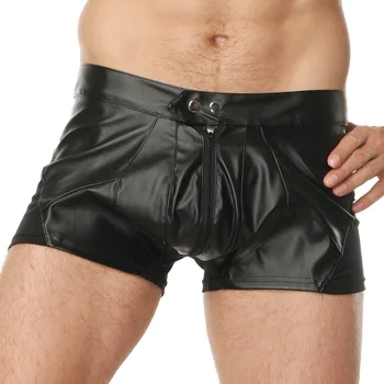 

Sexy Men Faux Leather Stretchy Wet Look Boxer Shorts with Zipper Front Hotpants Night Club Dance Costume