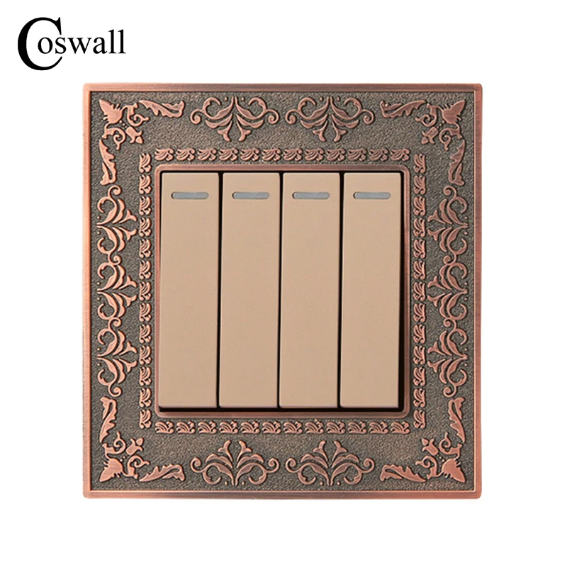 

Coswall 4 Gang 1 Way Wall Switch 4D Embossing Retro Zinc Alloy Panel Luxury Push Button Light Switch 16A AC 110~250V