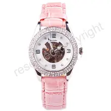 Роскошные дамские w/Стразы автоматические самозаводные механические наручные часы розовый кожаный ремешок новая цена A439
