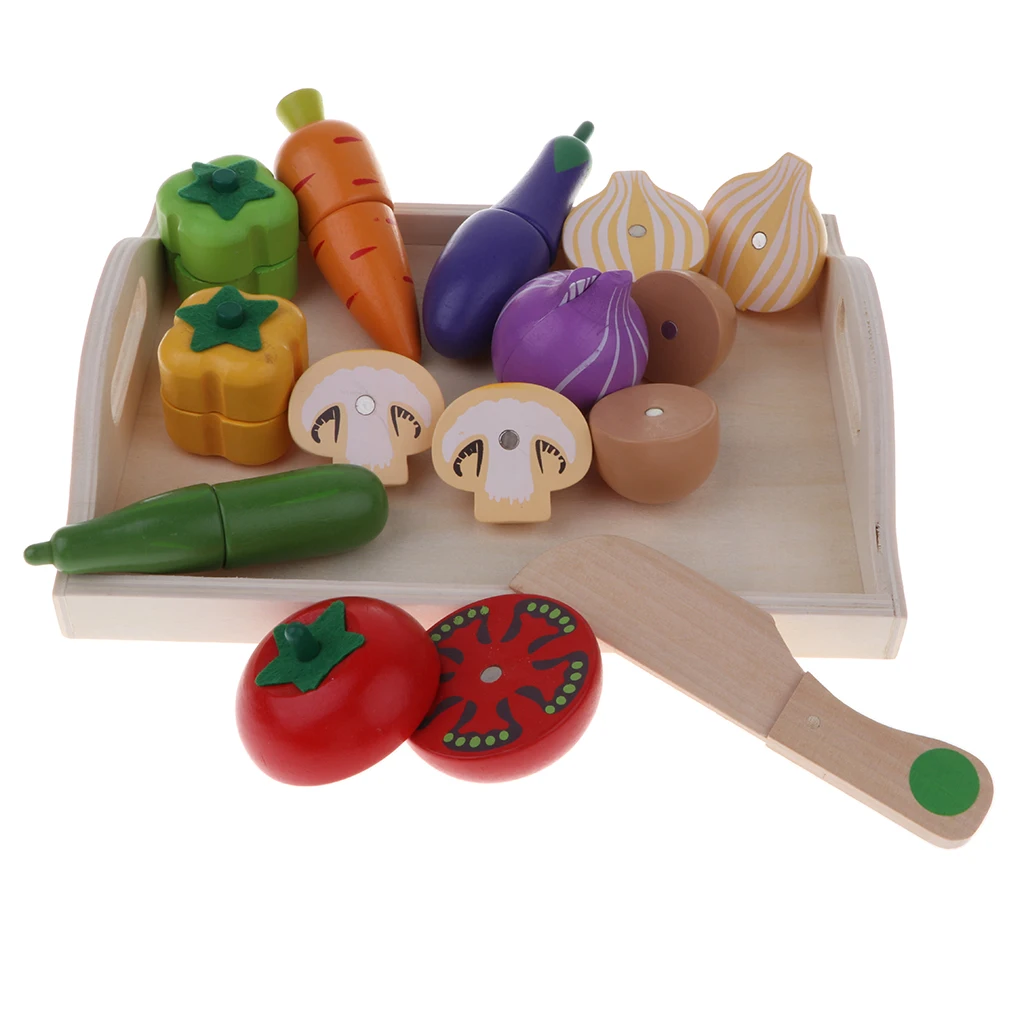 12Pcs Wooden Magnetic Cutting Toy, Pretend Play Food Set with Tray Kids Early Educational Toy Christmas Gift
