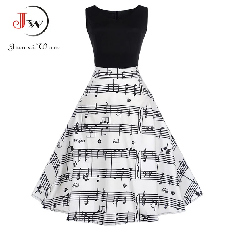 

V Collar Music Note Print Sleeveless Dress Summer Big Swing 50s 60s Vintage Dresses Elegant Party Patchwork Dress