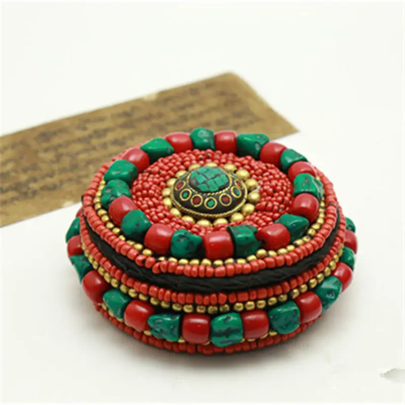 

TJB930 Tibetan Jewelry box Simulent Coral Amber Beeswax Round Tent Sorage Case Small Medium Big