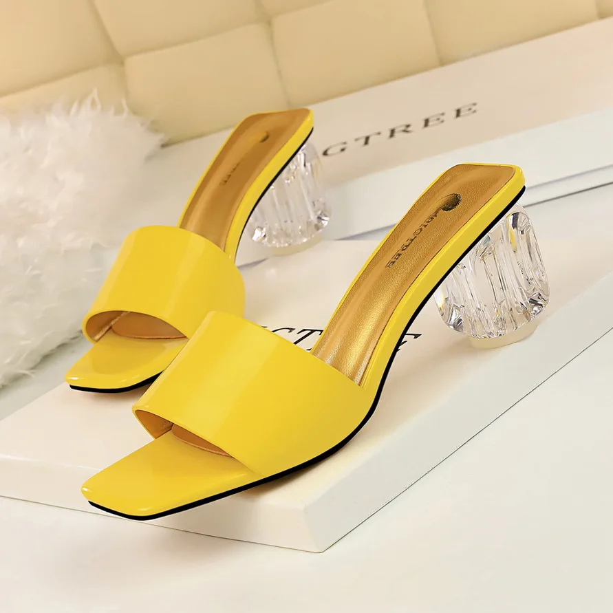 BIGTREE/Женская обувь; уличные летние шлепанцы на каблуке; коллекция года; прозрачные шлепанцы на прозрачном каблуке; модные шлепанцы с открытым носком; Цвет зеленый, желтый - Цвет: Цвет: желтый