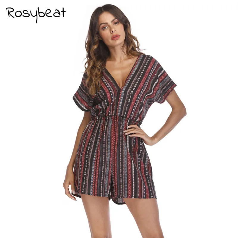 Summer Women Vintage Sexy Print V neck Rompers Shorts Big Size Knee Length Ethnic Short Sleeve