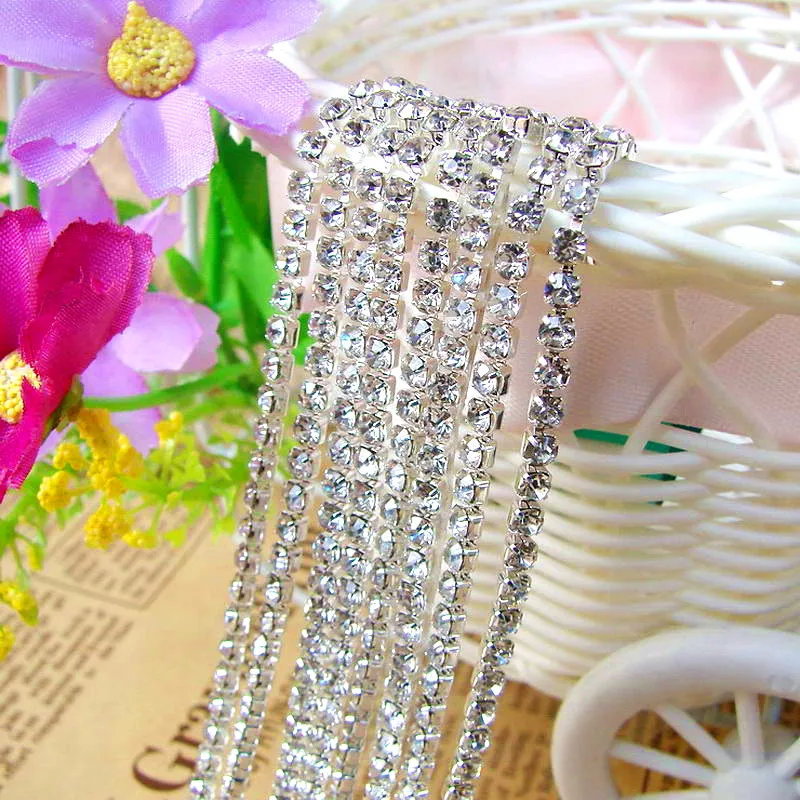 

Shiny 10yards/Roll SS6 SS10 ss12 Crystal Clear Silver Metal Base Rhinestones Cup Chain Glitter Glass Strass For DIY And Garment