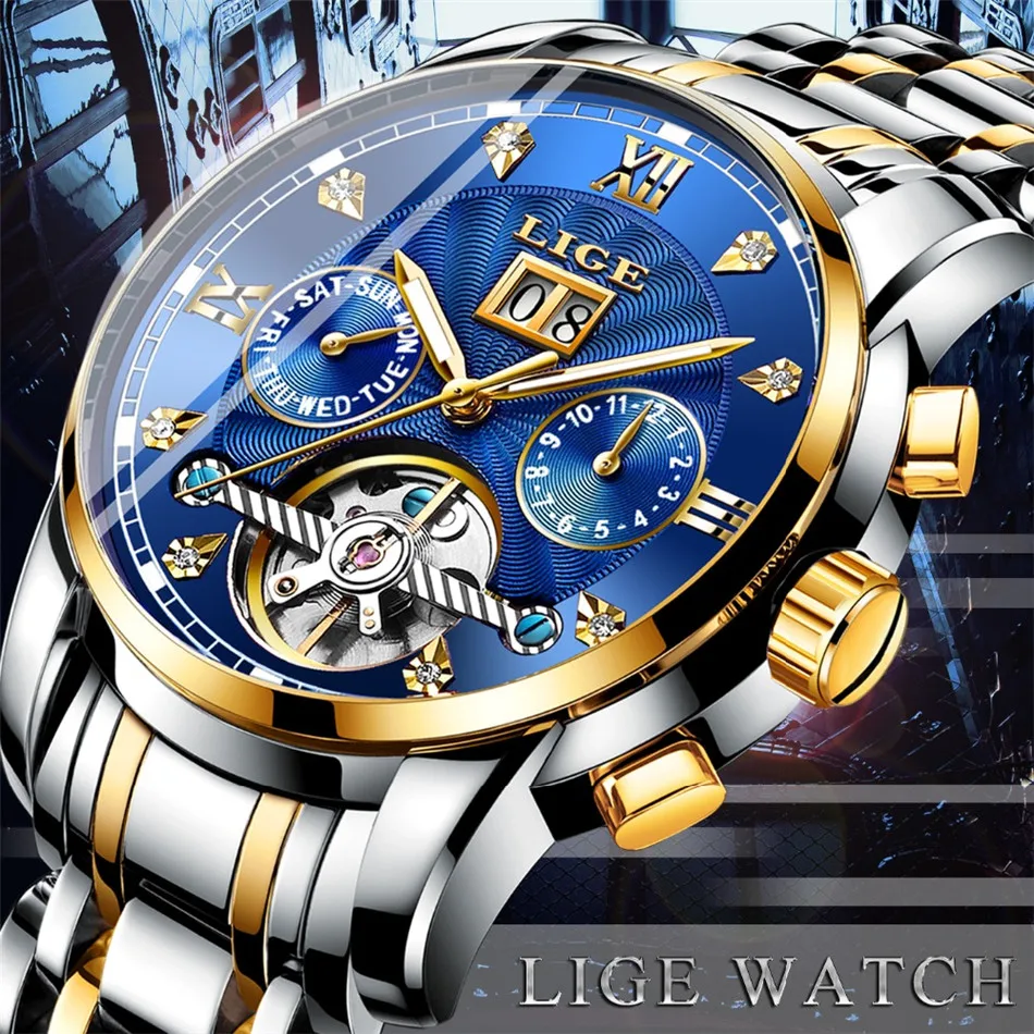 LIGE Men luxury Automatic Mechanical Watch Classic Business Watch Men Tourbillon Waterproof Men Wristwatch Relogio Masculino+Box