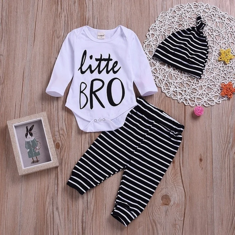 

Newborn Baby Boy Outfit Clothes Letter Romper Jumpsuit Tops+Strip Long Pants+Hat 3PCS/Set