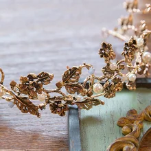 Hoja de Oro de época Nupcial Tiara Tiaras Corona Pelo de la Boda Accesorios de La Perla Barroca Joyería Pelo de Las Mujeres