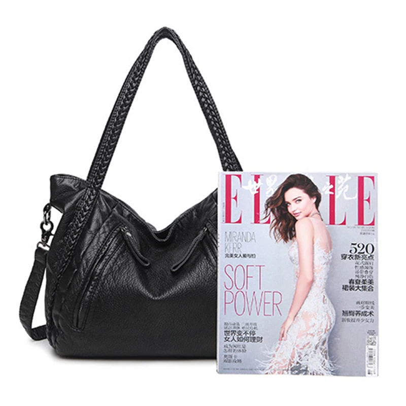 

Big Capacity Fashion Women Handbags Soft Leather Lady Tote Bag Woven Pattern Shoulder Bag, Black Small