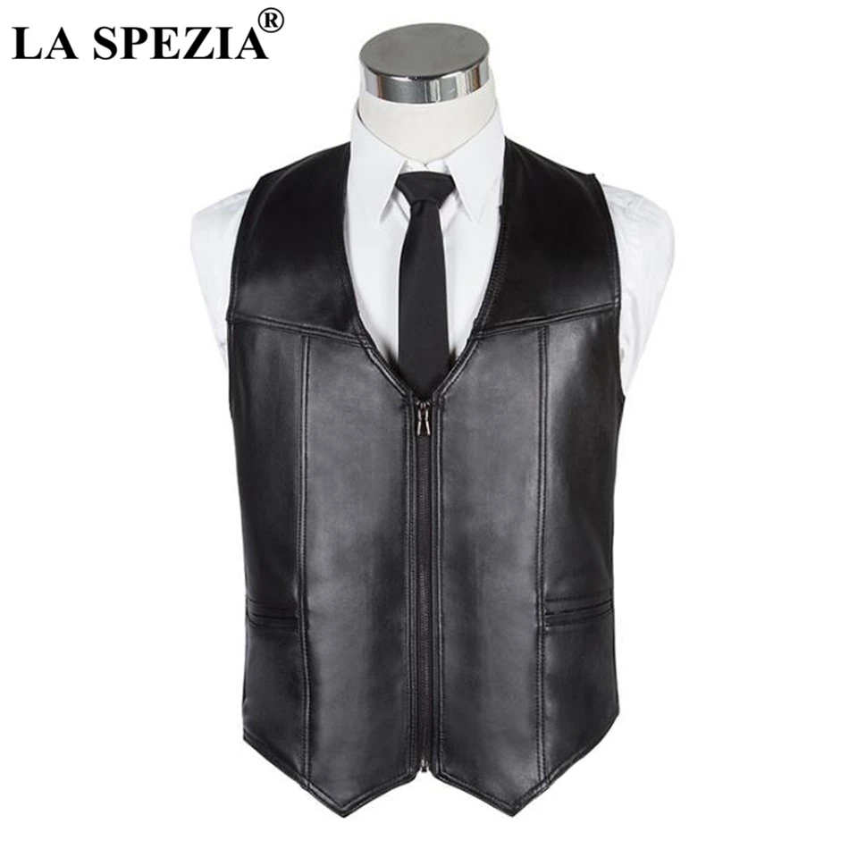LA SPEZIA Mens Leather Waistcoat Black Casual Vests Male Zipper Slim