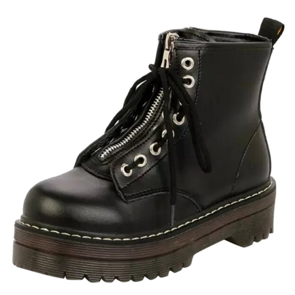 

Women's Boots Ankle Shoes Winter Round Toe Single Shoes Front Lace-Up Boots Non-Slip Zipper Boots Female High Quality SHoes