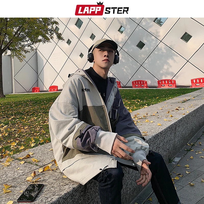LAPPSTER Men Oversized Streetwear 2019 Bomber Jackets 2019 Patchwork Color Block Cargo Windbreaker Jackets Coats Korean Clothes