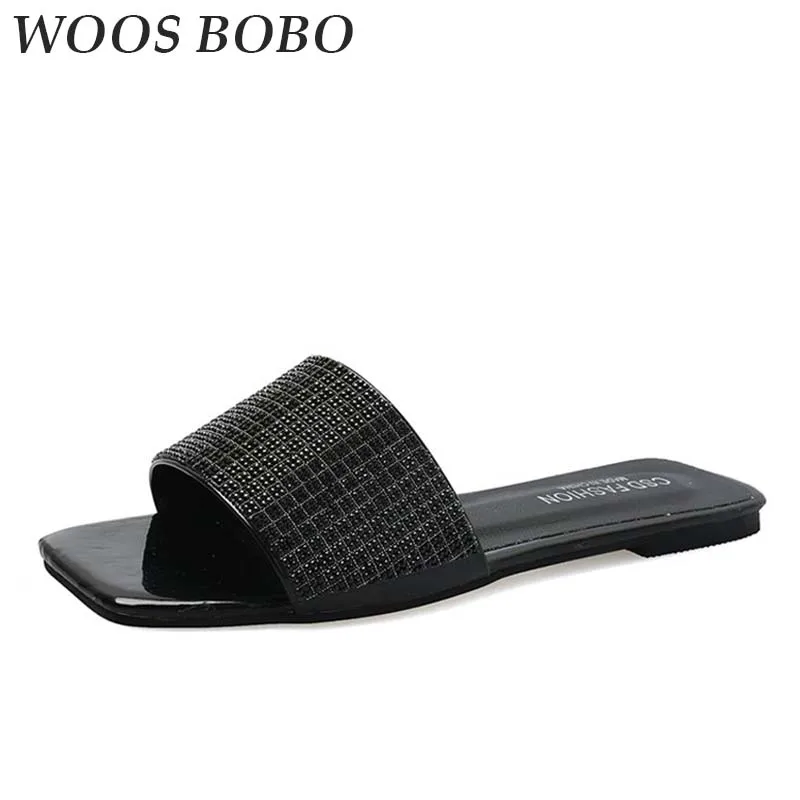 

Fashion Women Slippers Crystal Flat Heel Summer Shoes Bling Open Toe Rhinestone Summer slippers Diamond Sandals Casual Shoes