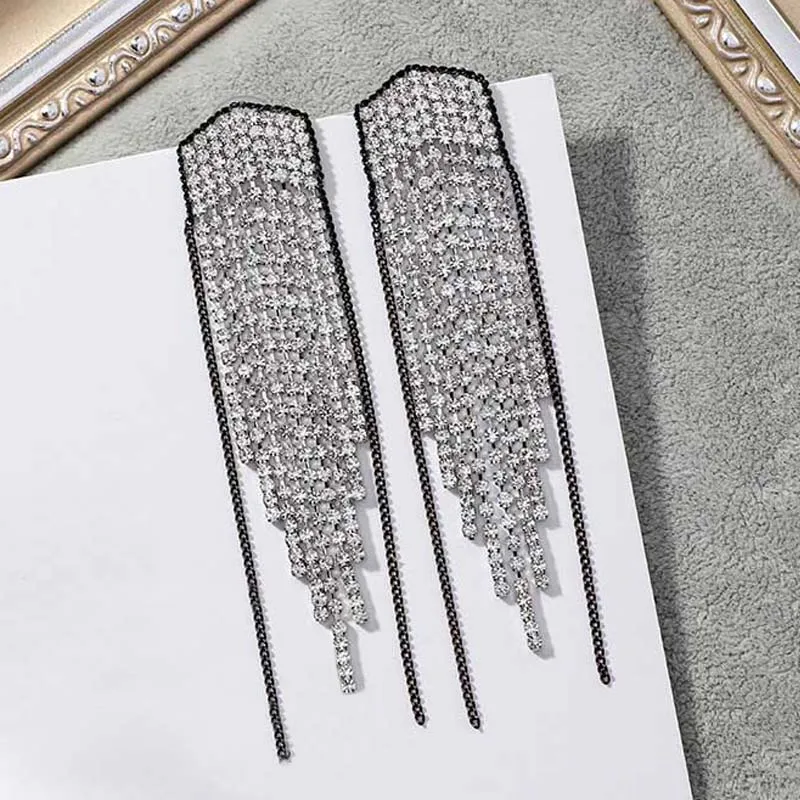 1 Pair Korean Simple Long Rhinestone Hyperbole Tassel Earrings for Women Night Club Party Jewelry Drop Earring | Украшения и