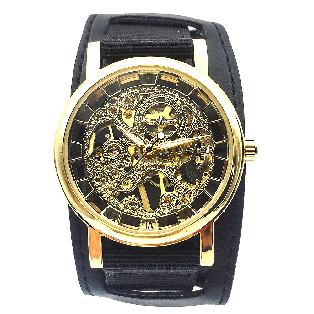 Золотой тон полый Скелет Мужские и женские заводные механические аналоговые наручные часы коричневый кожаный ремешок подарок цена A368